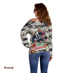 Custom Magpies Football Merry Christmas Off Shoulder Sweater Indigenous Australian Art