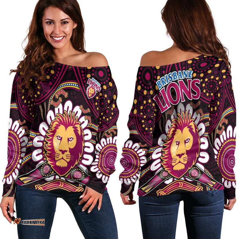 Brisbane Lions Football Women Off Shoulder Sweater Boomerang Indigenous Dots