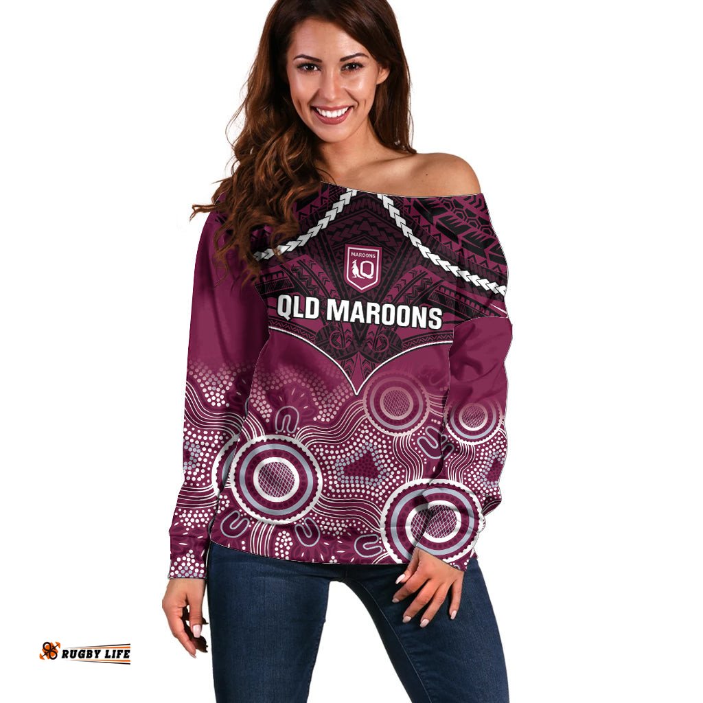 Custom QLD Maroons Rugby Off Shoulder Sweater Aboriginal Mix Polynesian Pattern