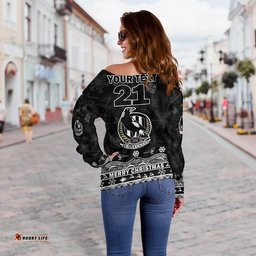 Custom Personalised And Number Collingwood Pies Unique Winter Season Women Off Shoulder Sweater Magpies Merry Christmas