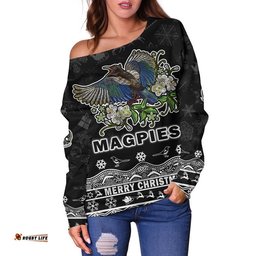 Custom Personalised And Number Collingwood Pies Unique Winter Season Women Off Shoulder Sweater Magpies Merry Christmas