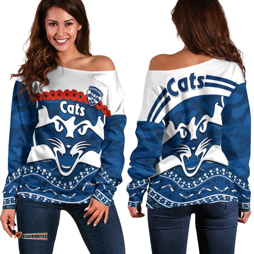 Cats Football ANZAC Off Shoulder Sweater Geelong Camouflage Poppy Mix Aboriginal