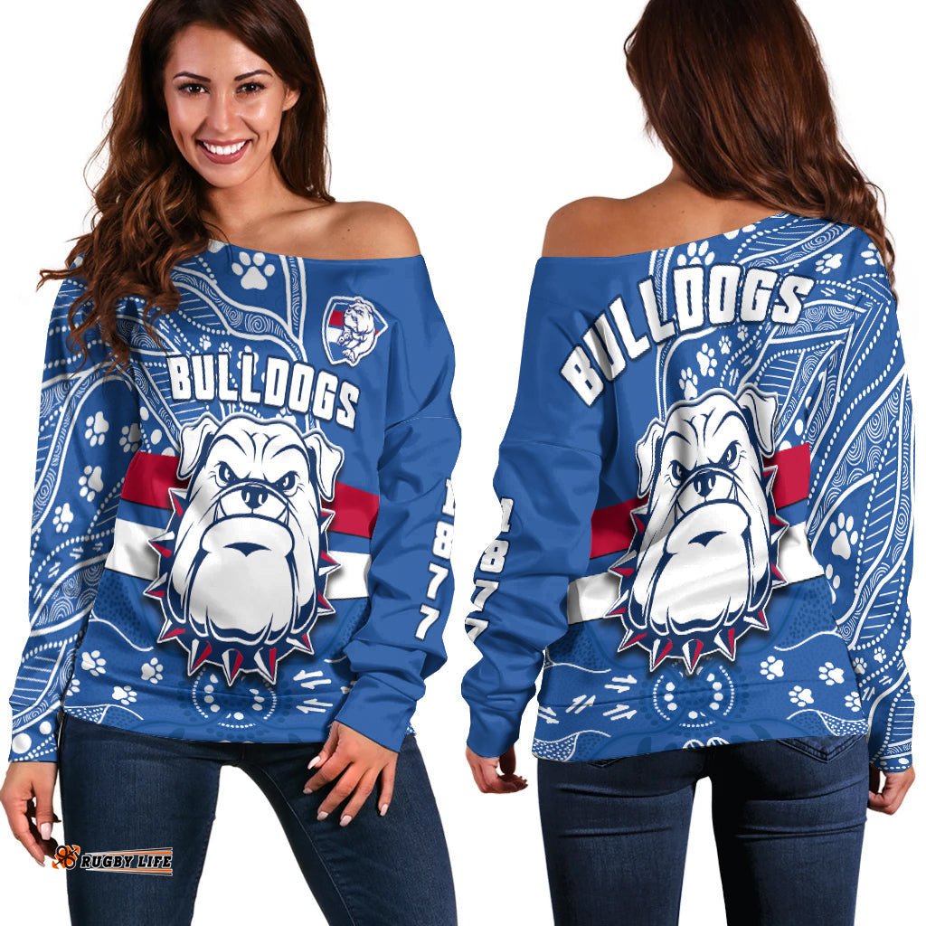 Bulldogs Football Off Shoulder Sweater Scraggers 1877 Aboriginal Dot Painting Newest Version
