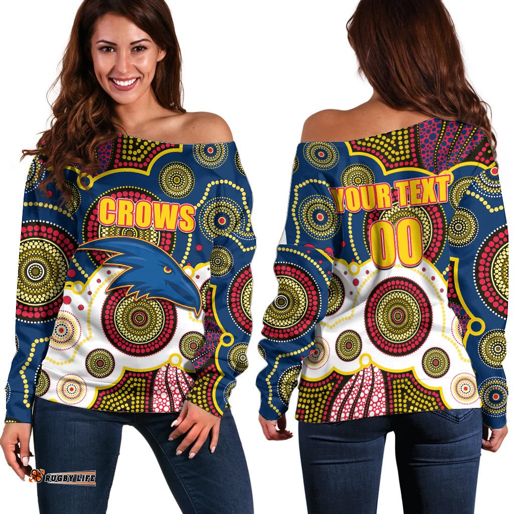 Custom Personalised And Number Crows AFL Off Shoulder Sweater Aboriginal Patterns 08