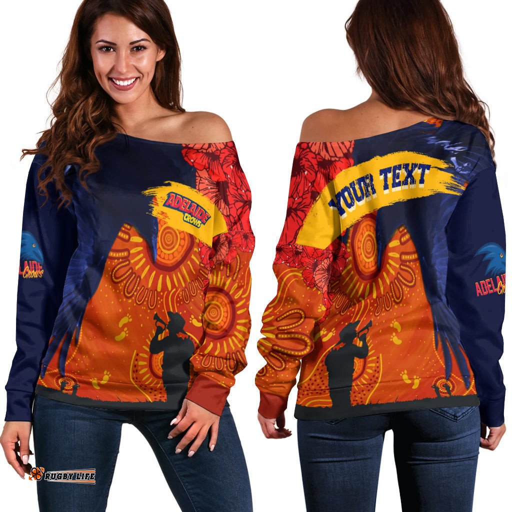 Custom Personalised Adelaide Crows Indigenous Anzac Day Off Shoulder Sweater We Will Remember