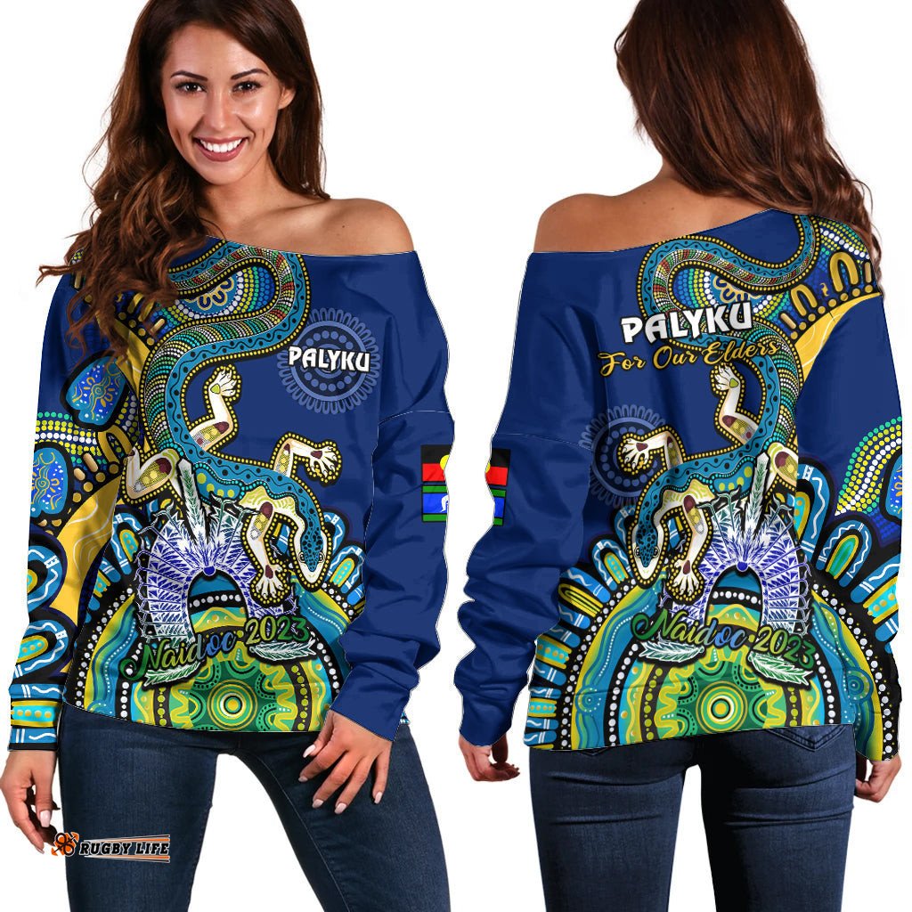 Australia NAIDOC Off Shoulder Sweater Palyku Indigenous Lizard For Our Elders