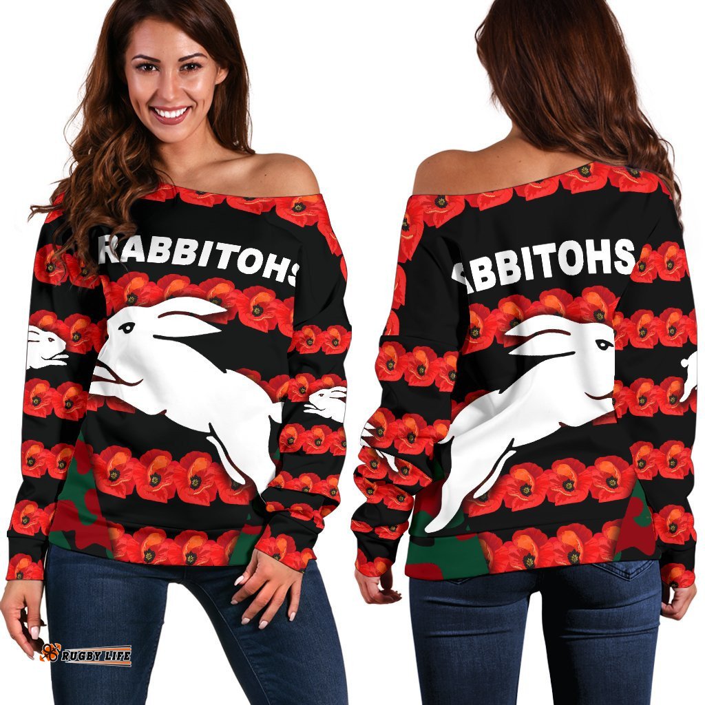 South Sydney Rabbitohs Women's Off Shoulder Sweater Anzac Day Poppy Flower Vibes