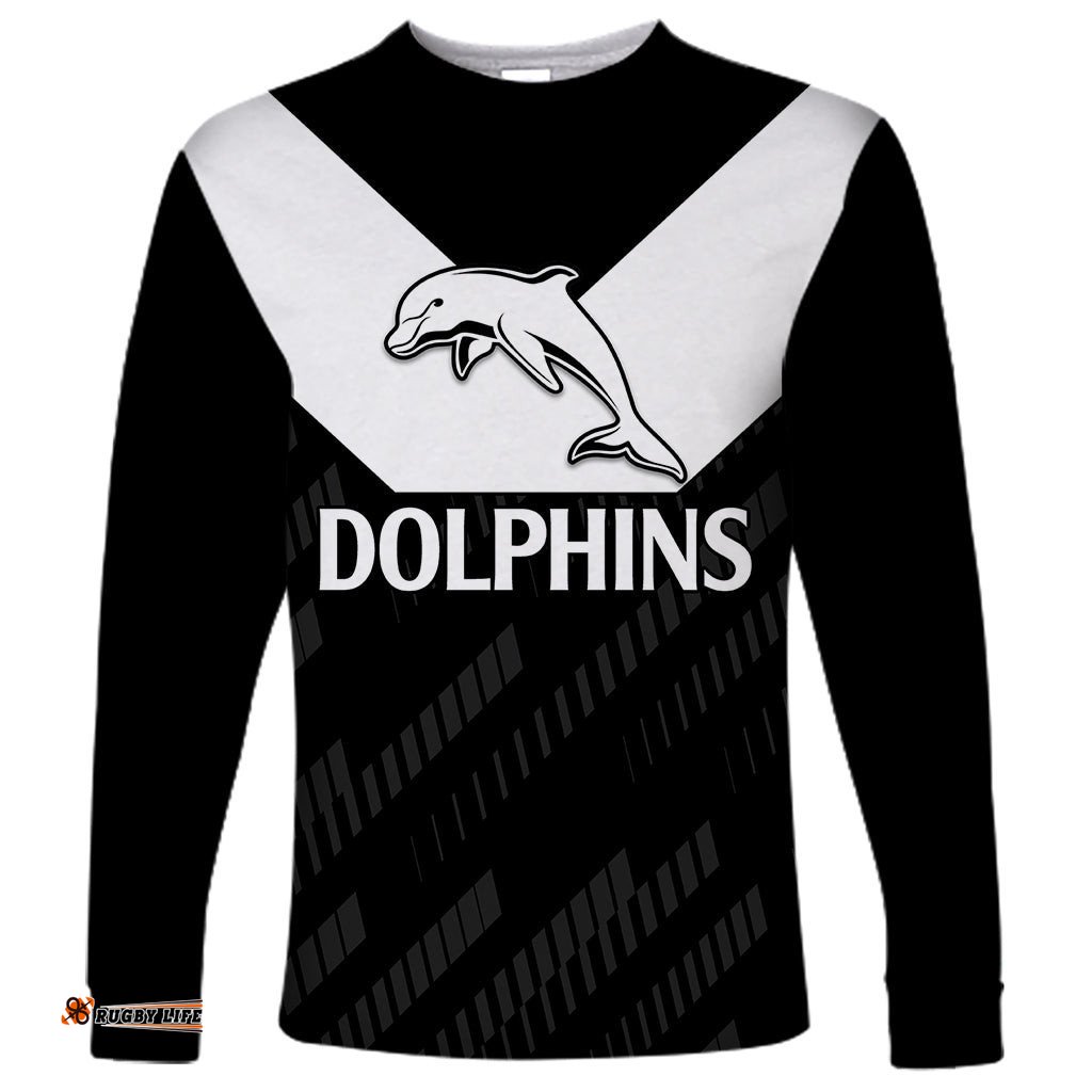 Custom Text And Number NRL Dolphins Rugby Long Sleeve T-shirt Simple Black Style 2023