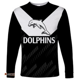 Custom Text And Number NRL Dolphins Rugby Long Sleeve T-shirt Simple Black Style 2023