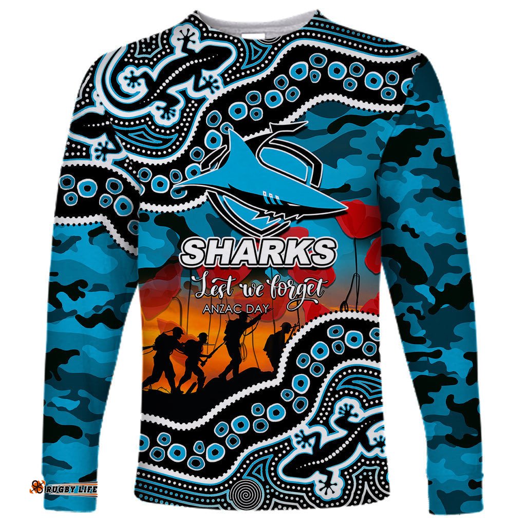 Custom Personalised Anzac Day NRL Sharks Long Sleeve T-shirt Aboriginal Lizard Patterns