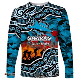 Custom Personalised Anzac Day NRL Sharks Long Sleeve T-shirt Aboriginal Lizard Patterns