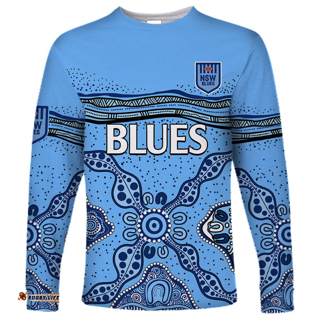 Custom Text And Number NSW Blues Rugby Long Sleeve T-shirt New South Wales Aboriginal Origin