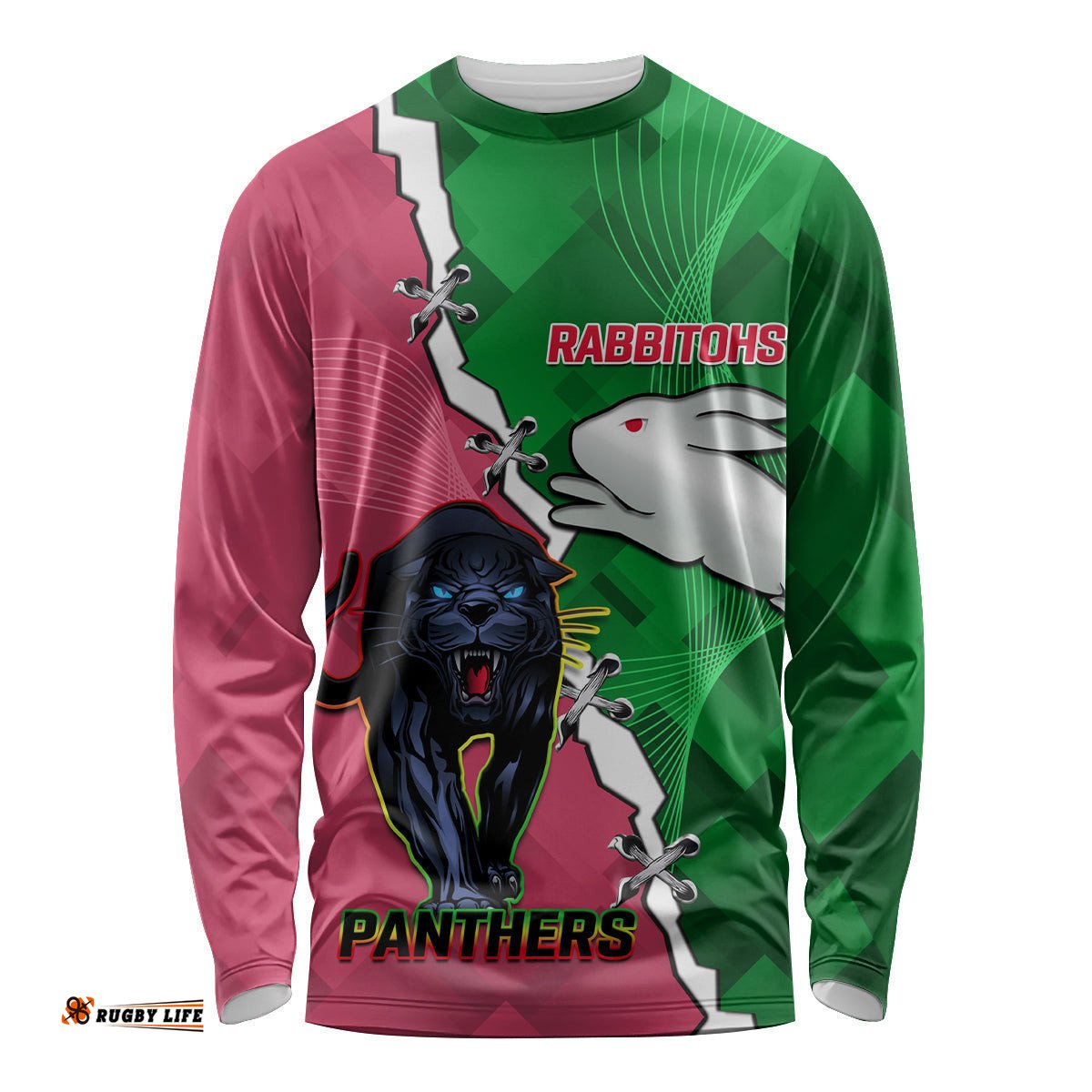Personalised Panthers And Rabbitohs Rugby Long Sleeve T-shirt 2024 Souths The Riff Together