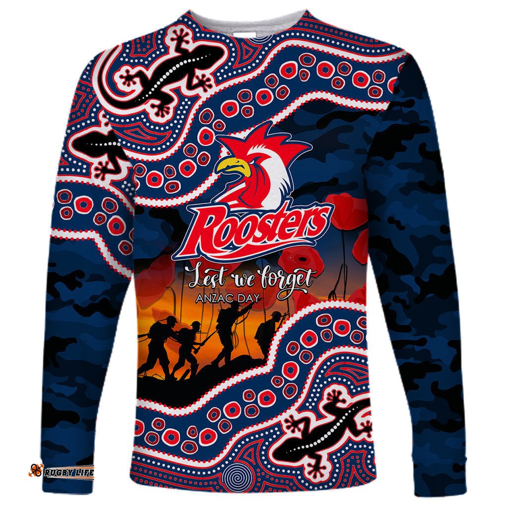 Custom Personalised Anzac Day NRL Rooster Long Sleeve T-shirt Aboriginal Lizard Patterns