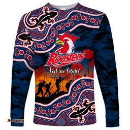 Custom Personalised Anzac Day NRL Rooster Long Sleeve T-shirt Aboriginal Lizard Patterns