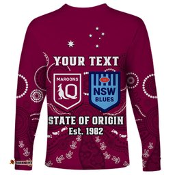 Personalised QLD Maroons and NSW Blues Rugby Long Sleeve T-shirt State of Origin Indigenous Maroon