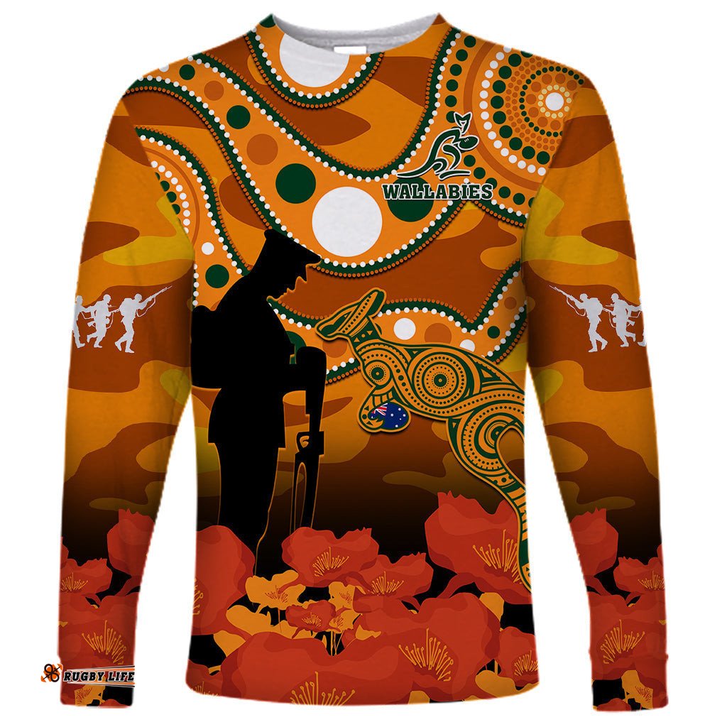 Custom Text And Number Wallabies Rugby ANZAC Long Sleeve T-shirt Aboriginal Camouflage Lest We Forget