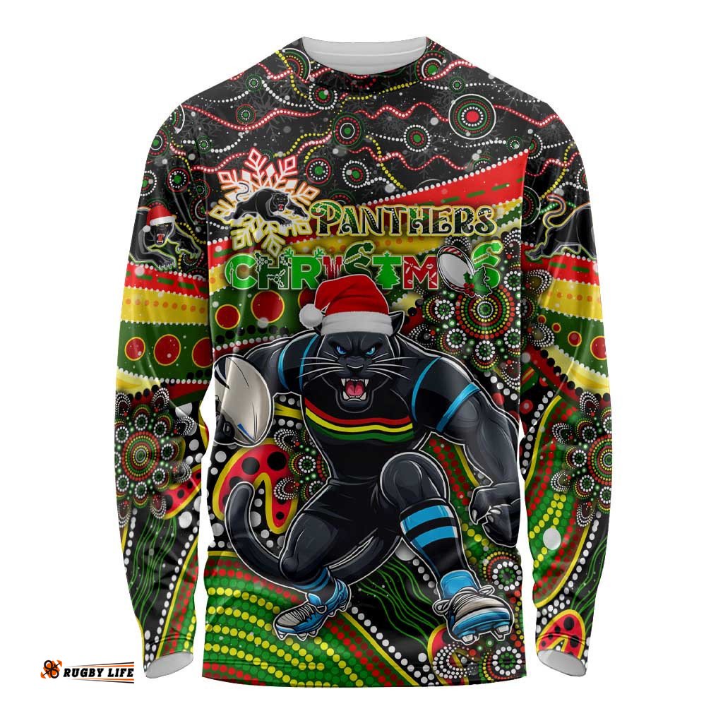Merry Christmas Penrith Panthers Long Sleeve T-shirt Aboriginal Santa Rugby Mascot The Riff