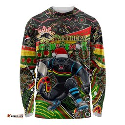 Merry Christmas Penrith Panthers Long Sleeve T-shirt Aboriginal Santa Rugby Mascot The Riff