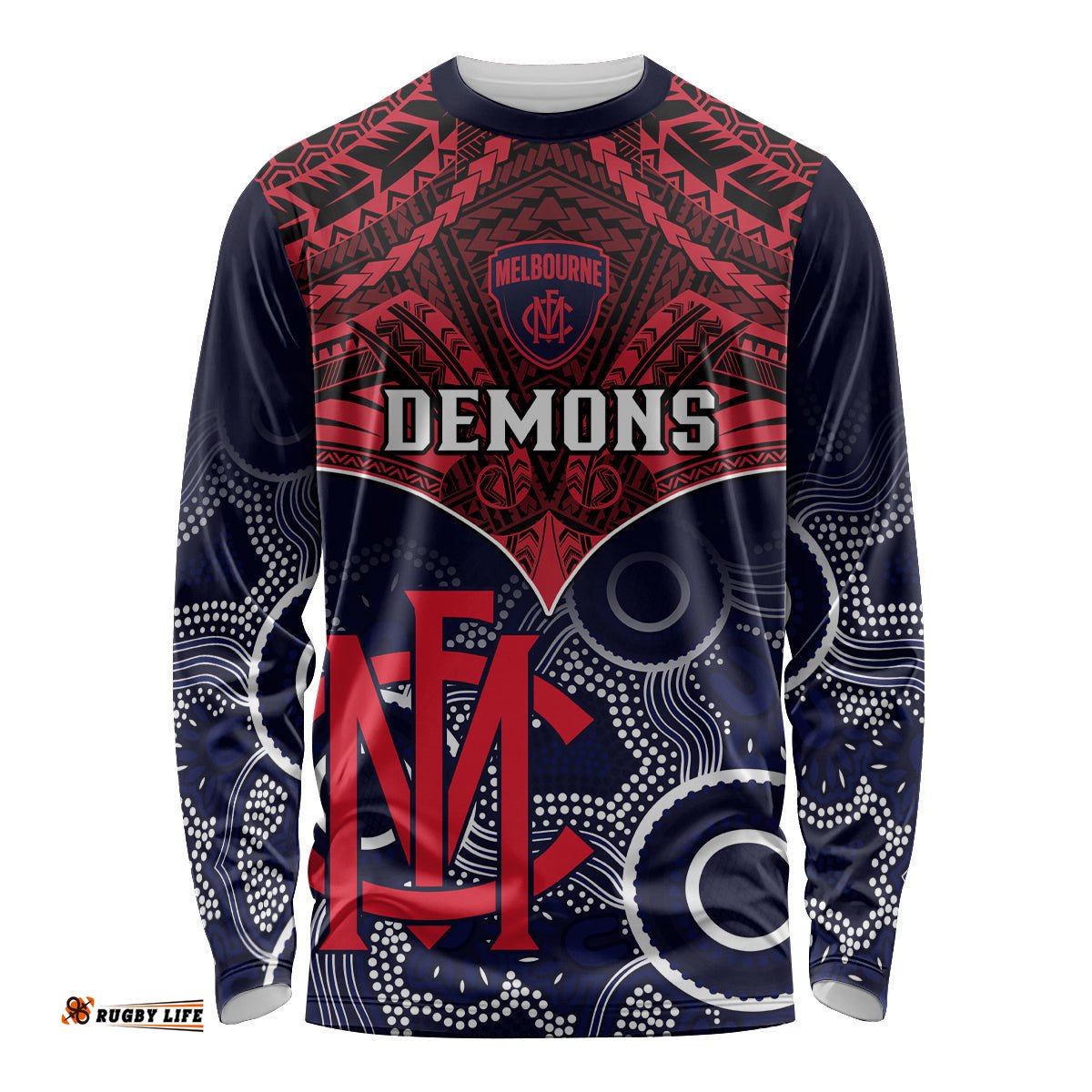 Personalised Melbourne Football Long Sleeve T-shirt Go Demons Aboriginal Mix Polynesian Pattern