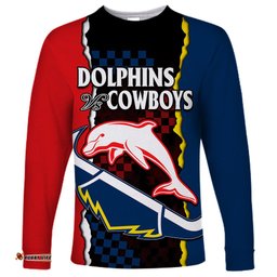 Custom Text And Number NRL Combine Dolphins and Cowboys Long Sleeve T-shirt