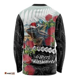 Meri Kirihimete Tuatara Long Sleeve T-shirt New Zealand Fern with Puhutukawa Flowers