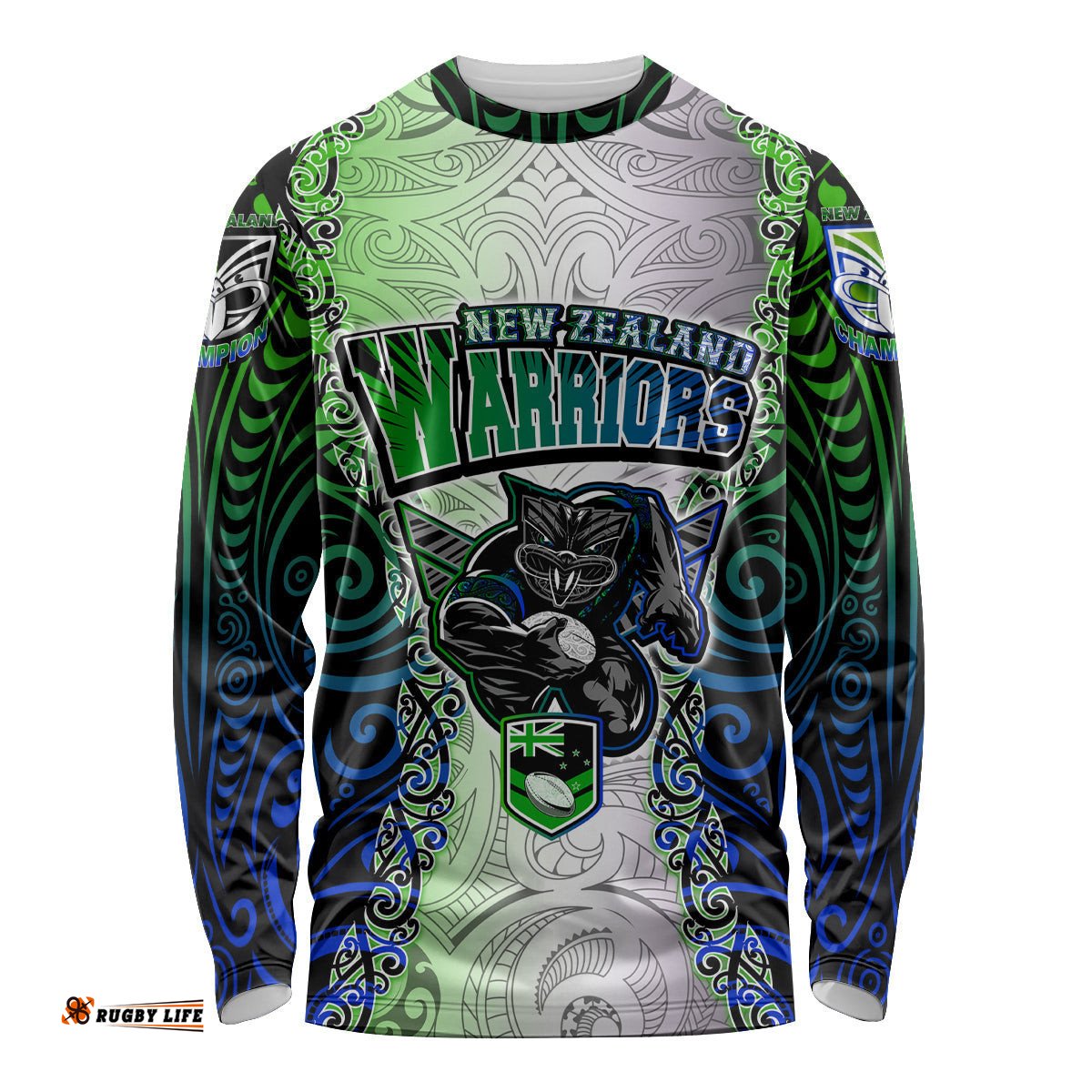 Personalised New Zealand Warriors Long Sleeve T-shirt Maori Silver Fern Green