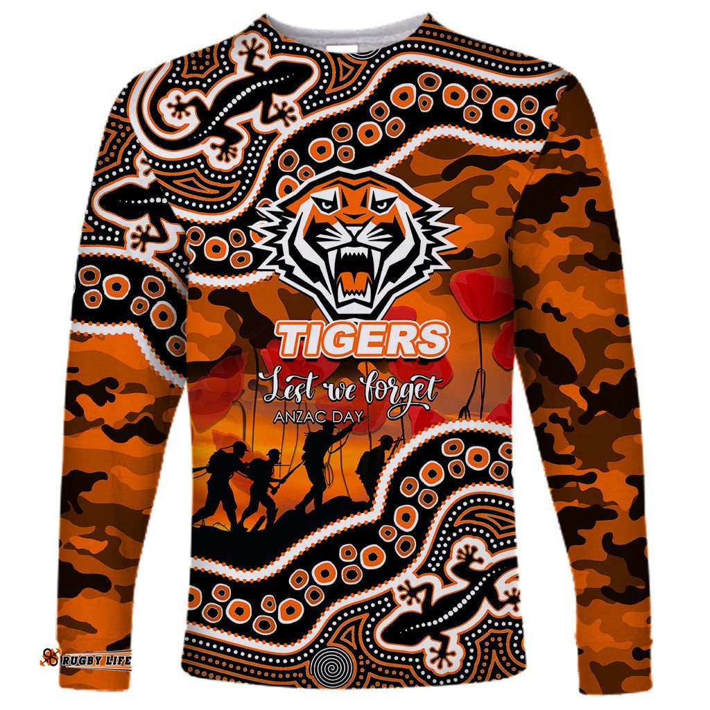 Custom Personalised Anzac Day NRL Tigers Long Sleeve T-shirt Aboriginal Lizard Patterns