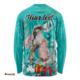 Personalised Kookaburra and Cockatoo Long Sleeve T-shirt Australia Merry Christmas Aboriginal Teal Style