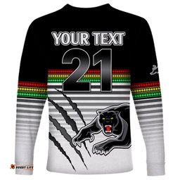 Custom Text And Number Penrith Panthers Rugby Long Sleeve T-shirt Authentic Permiers Black Version 2023