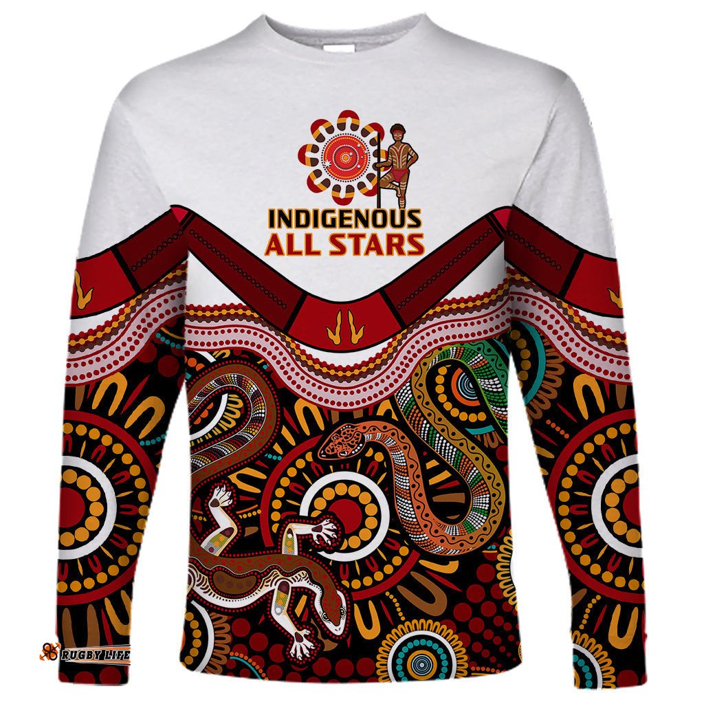 Custom Text And Number Australia Indigenous Rugby Long Sleeve T-shirt All Stars Aussie Snake And Lizard