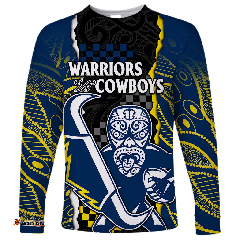 Custom Text And Number NRL Combine Warriors and Cowboys Long Sleeve T-shirt Maori mixed Aboriginal