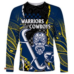 Custom Text And Number NRL Combine Warriors and Cowboys Long Sleeve T-shirt Maori mixed Aboriginal