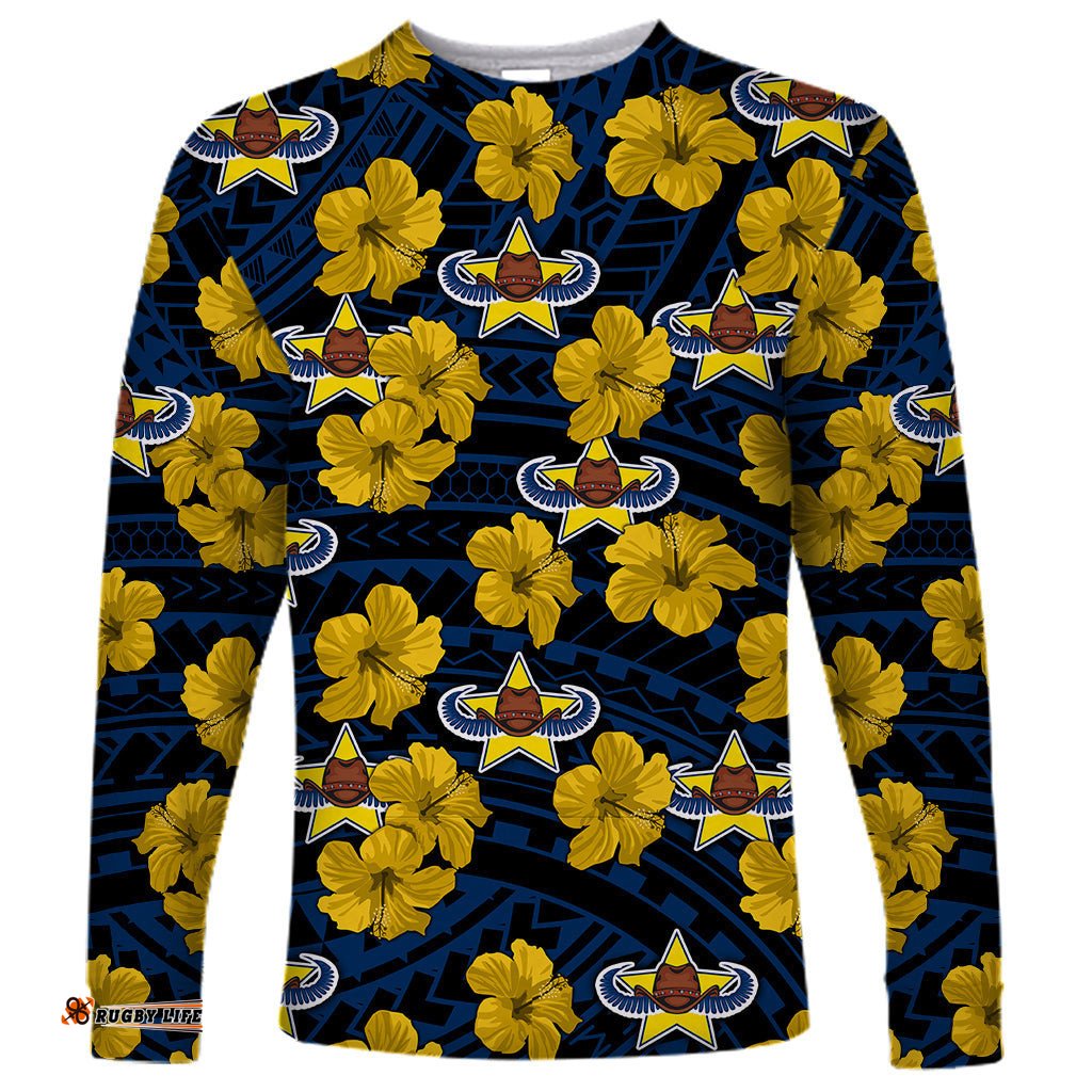 Custom Text And Number Cowboys Rugby Long Sleeve T-shirt Polynesian Style With Hibiscus