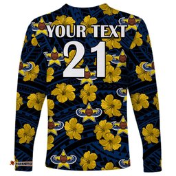 Custom Text And Number Cowboys Rugby Long Sleeve T-shirt Polynesian Style With Hibiscus