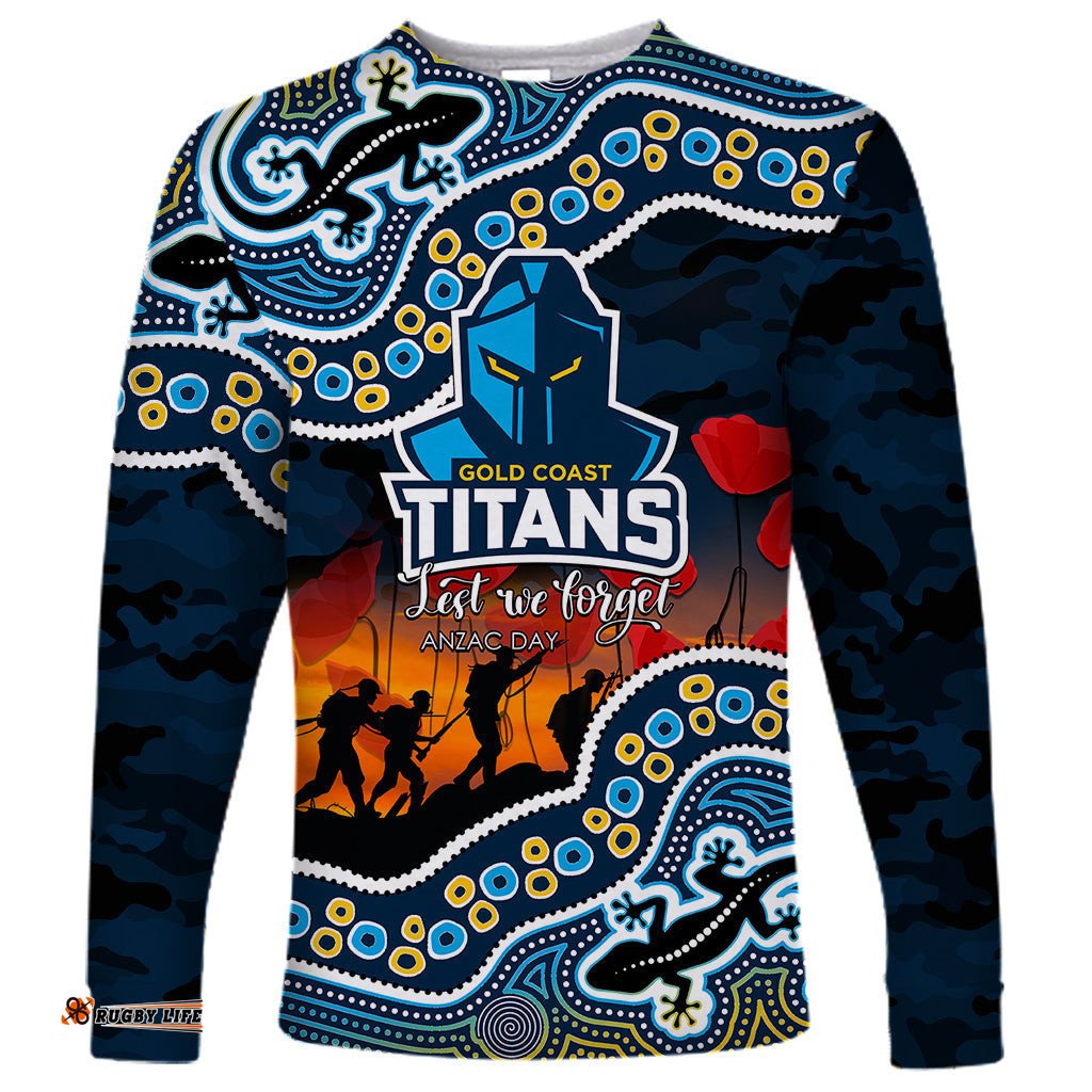 Custom Personalised Anzac Day NRL Titans Long Sleeve T-shirt Aboriginal Lizard Patterns