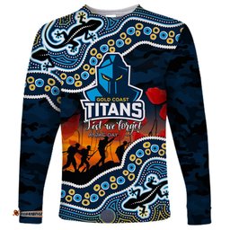 Custom Personalised Anzac Day NRL Titans Long Sleeve T-shirt Aboriginal Lizard Patterns