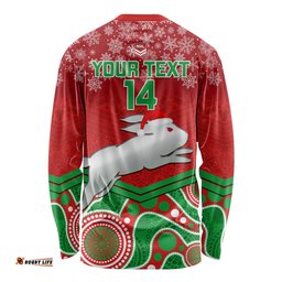Custom Rabbitohs Rugby Christmas Long Sleeve T-shirt Merry Xmas Mix Aboriginal Art