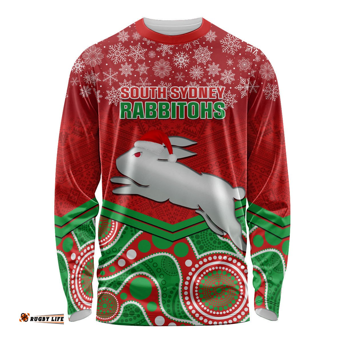 Custom Rabbitohs Rugby Christmas Long Sleeve T-shirt Merry Xmas Mix Aboriginal Art