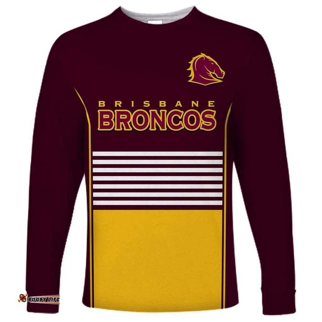 Custom Text And Number Broncos Rugby Long Sleeve T-shirt Sporty Style Maroon Version