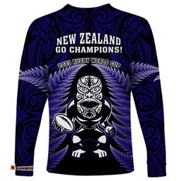 New Zealand Aotearoa Rugby Long Sleeve T-shirt NZ Tiki With Maori Fern World Cup Blue Version