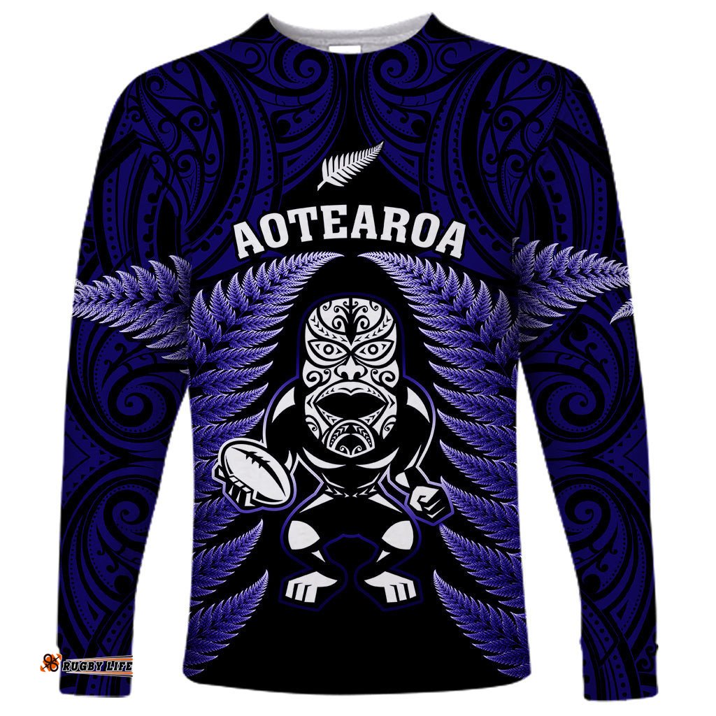 New Zealand Aotearoa Rugby Long Sleeve T-shirt NZ Tiki With Maori Fern World Cup Blue Version