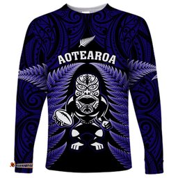 New Zealand Aotearoa Rugby Long Sleeve T-shirt NZ Tiki With Maori Fern World Cup Blue Version