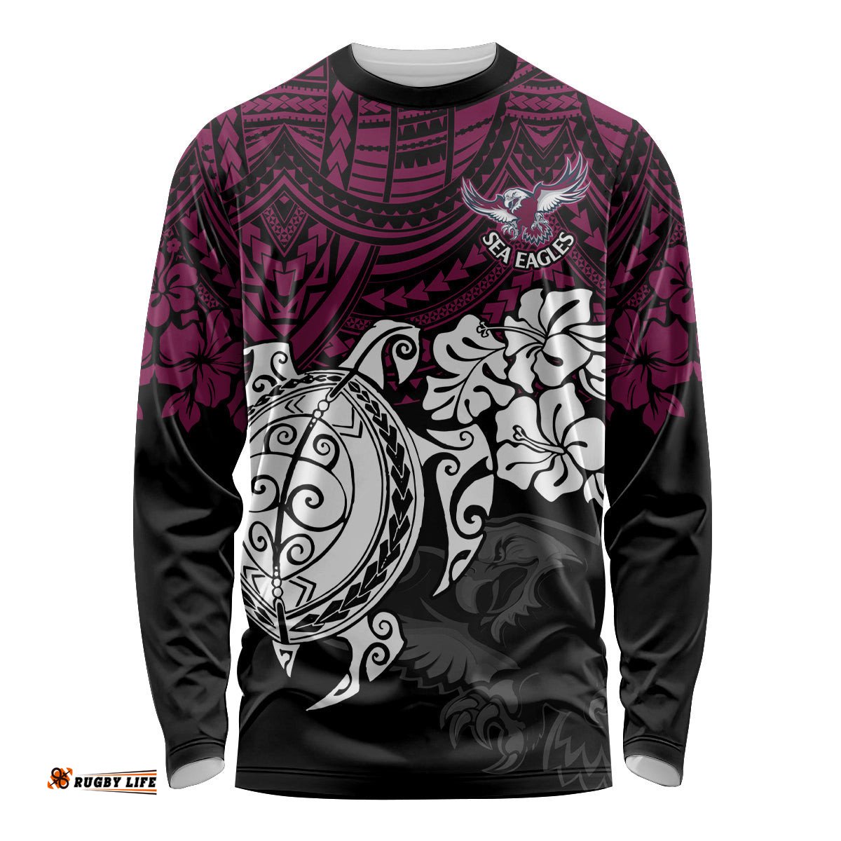 Custom Sea Eagles Rugby Long Sleeve T-shirt Silvertails Hibiscus and Turtle With Polynesian Pattern