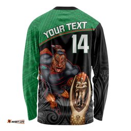 Custom Warriors Rugby Long Sleeve T-shirt Go Champions Aotearoa Mascot With Polynesian Maori Pattern