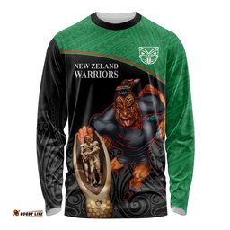 Custom Warriors Rugby Long Sleeve T-shirt Go Champions Aotearoa Mascot With Polynesian Maori Pattern
