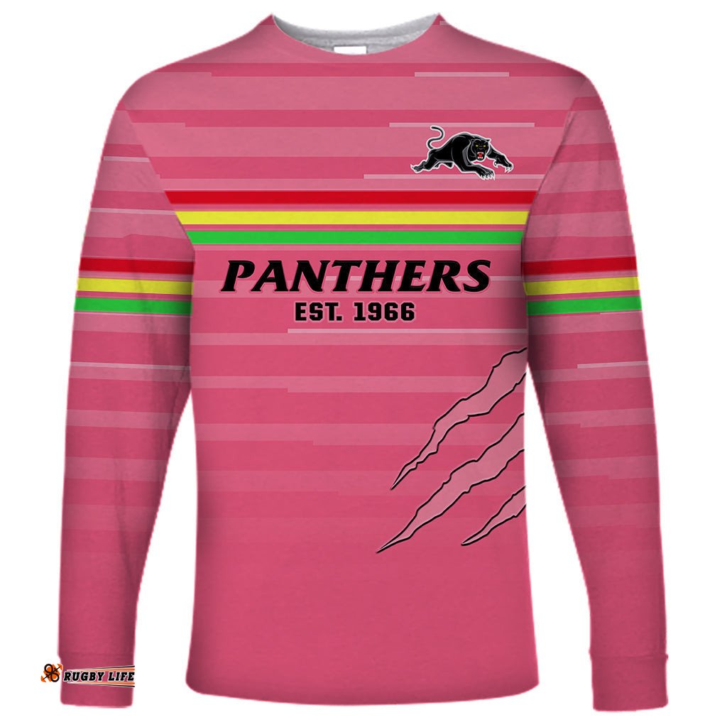 Custom Text And Number Penrith Panthers Rugby Long Sleeve T-shirt The Riff Est 1966 Pink Sporty