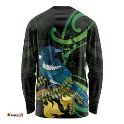 New Zealand Tui Bird Long Sleeve T-shirt Aotearoa Maori With Kowhai Flowers