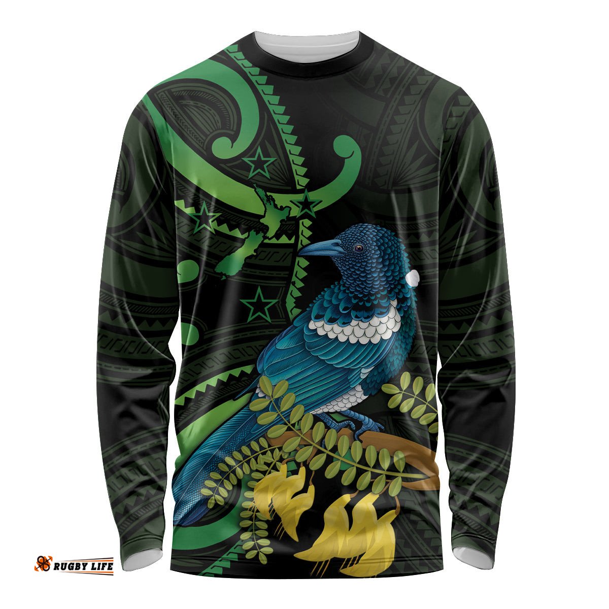 New Zealand Tui Bird Long Sleeve T-shirt Aotearoa Maori With Kowhai Flowers