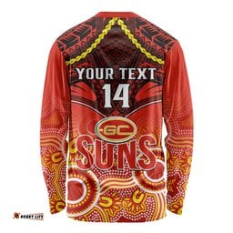 Personalised Gold Coast Football Long Sleeve T-shirt Suns Aboriginal Mix Polynesian Pattern